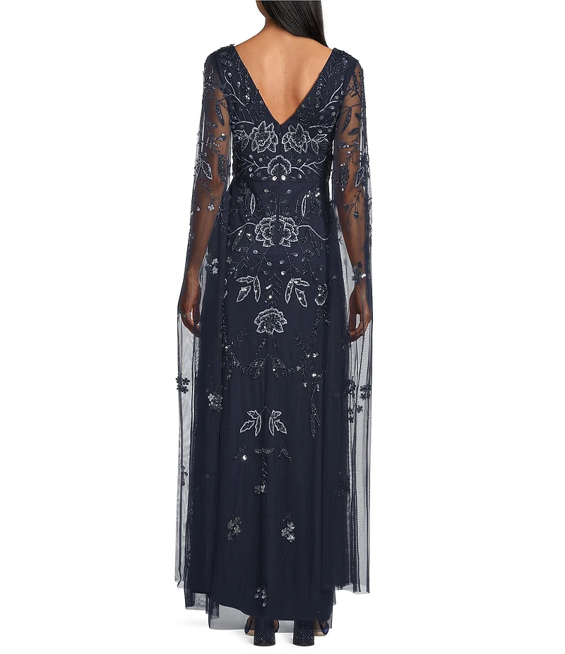 Adrianna Papell Beaded Mesh V-Neck Long Capelet Sleeves Sheath Gown