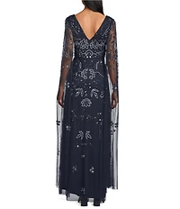 Adrianna Papell Beaded Mesh V-Neck Long Capelet Sleeves Sheath Gown