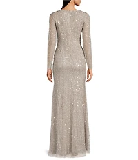 Adrianna Papell Beaded Mesh V-Neck Long Illusion Sleeves Mermaid Dress