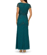 Adrianna Papell Beaded Mesh V-Neck Short Sleeve Blouson Gown