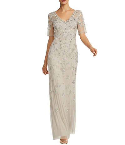 Adrianna Papell Beaded Mesh V-Neck Short Sleeve Dress