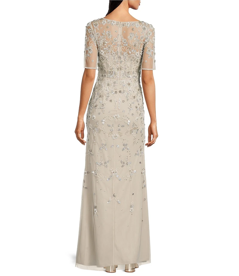 Adrianna Papell Beaded Mesh V-Neck Short Sleeve Dress