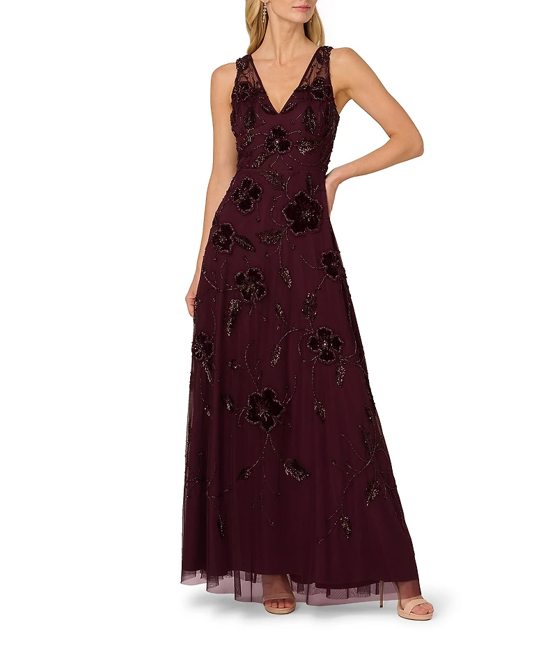 Adrianna Papell Beaded Mesh Velvet Flower Sleeveless A-Line Gown