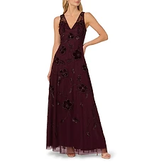 Adrianna Papell Beaded Mesh Velvet Flower Sleeveless A-Line Gown