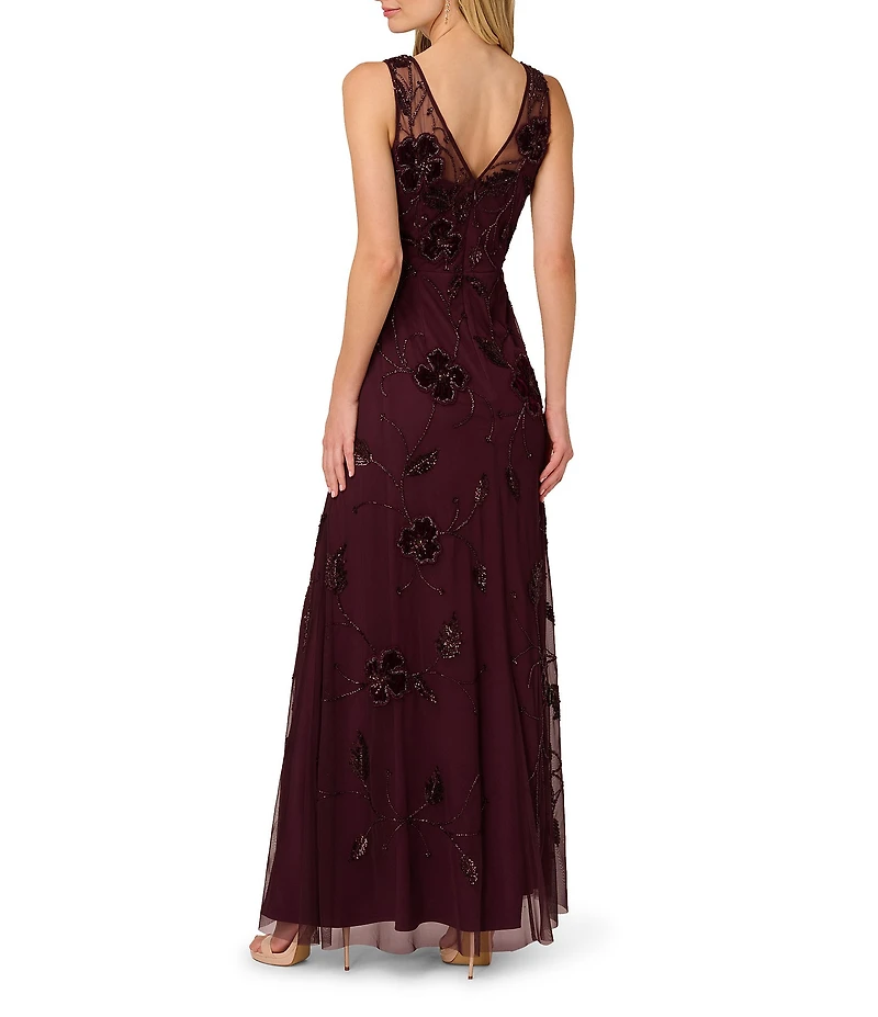 Adrianna Papell Beaded Mesh Velvet Flower Sleeveless A-Line Gown