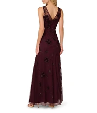 Adrianna Papell Beaded Mesh Velvet Flower Sleeveless A-Line Gown