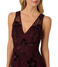 Adrianna Papell Beaded Mesh Velvet Flower Sleeveless A-Line Gown