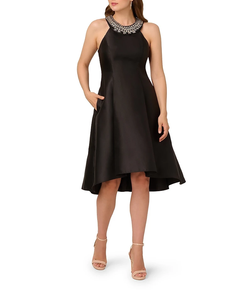 Adrianna Papell Beaded Rhinestone Neck Sleeveless Mikado Hi-Low Dress