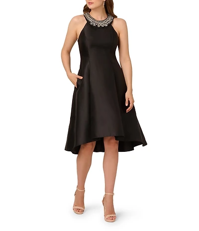 Adrianna Papell Beaded Rhinestone Neck Sleeveless Mikado Hi-Low Dress