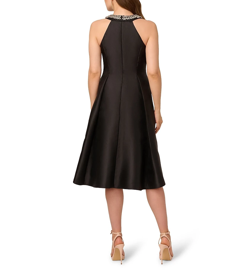 Adrianna Papell Beaded Rhinestone Neck Sleeveless Mikado Hi-Low Dress