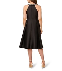Adrianna Papell Beaded Rhinestone Neck Sleeveless Mikado Hi-Low Dress