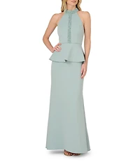 Adrianna Papell Beaded Scuba Halter Mock Neck Sleeveless Peplum Gown