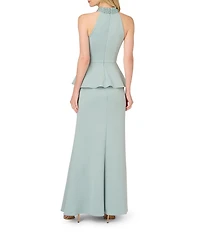 Adrianna Papell Beaded Scuba Halter Mock Neck Sleeveless Peplum Gown