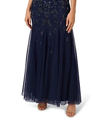 Adrianna Papell Beaded V-Neck 3/4 Petal Sleeve Mermaid Gown