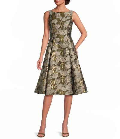 Adrianna Papell Boat Neck Sleeveless Foil Jacquard Pleated Midi Dress