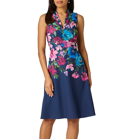 Adrianna Papell Border Floral Print Sleeveless Twill Dress