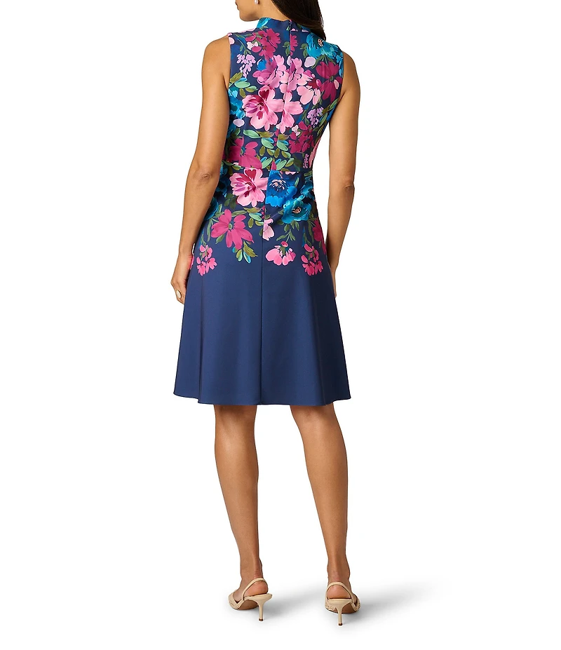 Adrianna Papell Border Floral Print Sleeveless Twill Dress