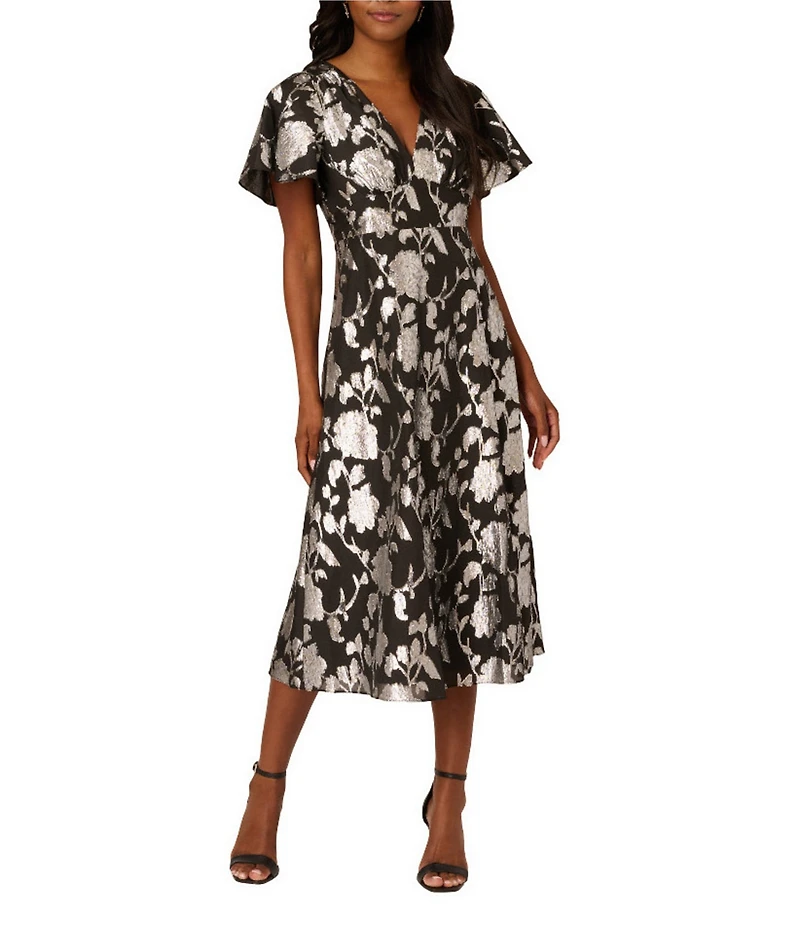 Adrianna Papell Burnout Chiffon Floral Print V-Neck Short Sleeve Midi Dress