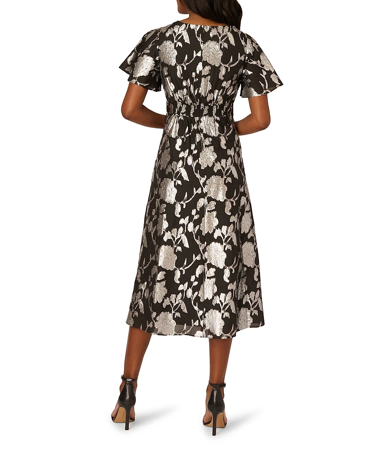 Adrianna Papell Burnout Chiffon Floral Print V-Neck Short Sleeve Midi Dress