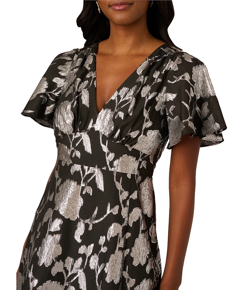 Adrianna Papell Burnout Chiffon Floral Print V-Neck Short Sleeve Midi Dress