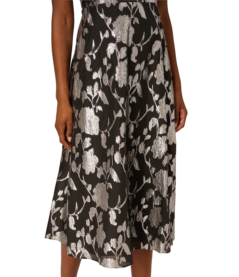 Adrianna Papell Burnout Chiffon Floral Print V-Neck Short Sleeve Midi Dress