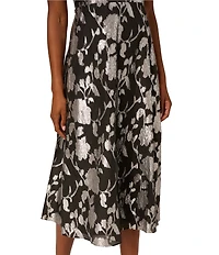 Adrianna Papell Burnout Chiffon Floral Print V-Neck Short Sleeve Midi Dress