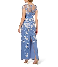 Adrianna Papell Cascading Floral Embroidery Illusion Boat Neck Short Sleeve Gown