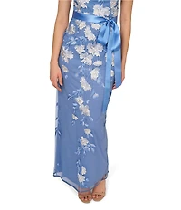 Adrianna Papell Cascading Floral Embroidery Illusion Boat Neck Short Sleeve Gown
