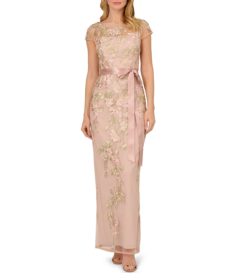 Adrianna Papell Cascading Floral Embroidery Illusion Boat Neck Short Sleeve Gown