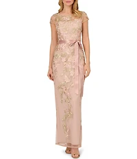 Adrianna Papell Cascading Floral Embroidery Illusion Boat Neck Short Sleeve Gown