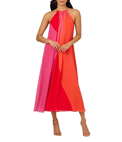 Adrianna Papell Chiffon Color Block Halter Neck Sleeveless Maxi Dress