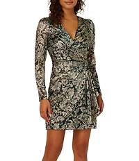 Adrianna Papell Chiffon Crinkle Metallic Long Sleeve Short Wrap Dress