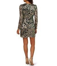 Adrianna Papell Chiffon Crinkle Metallic Long Sleeve Short Wrap Dress