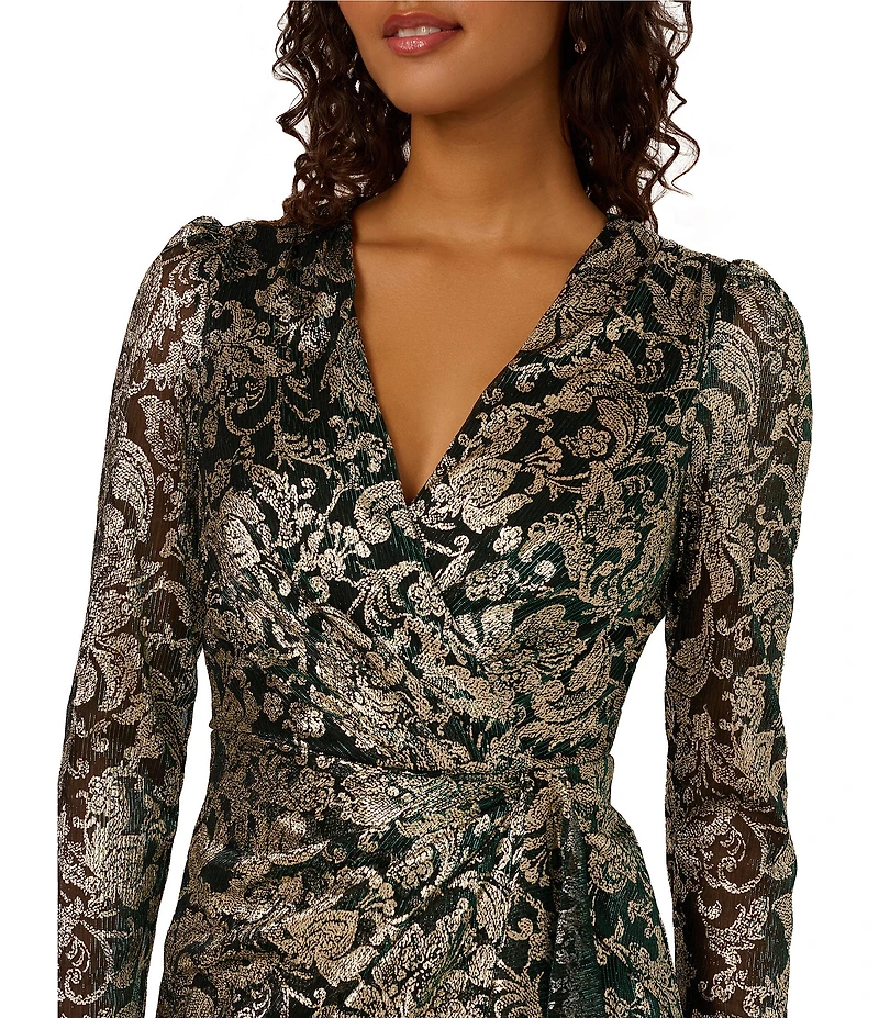 Adrianna Papell Chiffon Crinkle Metallic Long Sleeve Short Wrap Dress