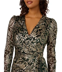 Adrianna Papell Chiffon Crinkle Metallic Long Sleeve Short Wrap Dress
