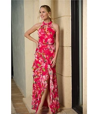 Adrianna Papell Chiffon Floral Print Halter Neck Sleeveless Ruffle Blouson Gown
