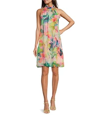 Adrianna Papell Chiffon Floral Print Halter Neck Sleeveless Shift Mini Dress