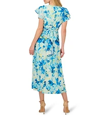 Adrianna Papell Chiffon Floral Print V-Neck Short Flutter Sleeve A-Line Midi Dress
