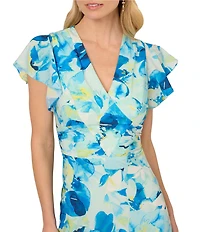 Adrianna Papell Chiffon Floral Print V-Neck Short Flutter Sleeve A-Line Midi Dress