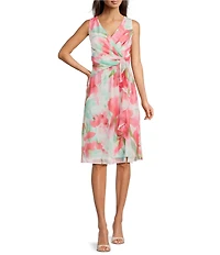 Adrianna Papell Chiffon Floral Print V Neck Sleeveless Front Drape A-Line Midi Dress