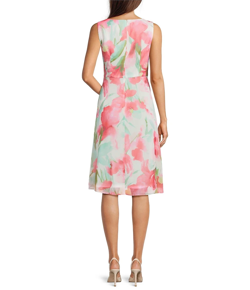 Adrianna Papell Chiffon Floral Print V Neck Sleeveless Front Drape A-Line Midi Dress
