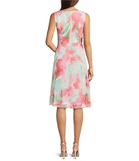 Adrianna Papell Chiffon Floral Print V Neck Sleeveless Front Drape A-Line Midi Dress