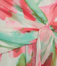 Adrianna Papell Chiffon Floral Print V Neck Sleeveless Front Drape A-Line Midi Dress