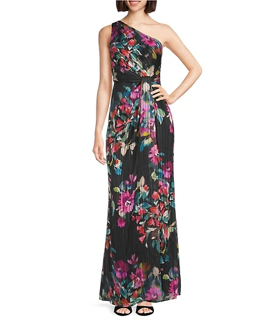 Adrianna Papell Chiffon One Shoulder Floral Print Sheath Gown