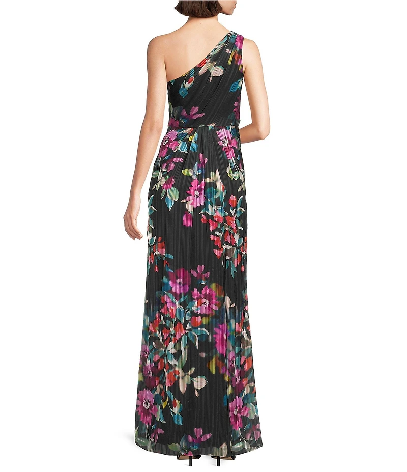 Adrianna Papell Chiffon One Shoulder Floral Print Sheath Gown