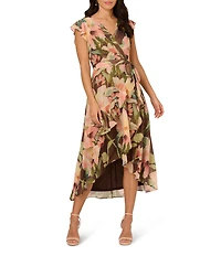 Adrianna Papell Chiffon V-Neck Floral Print Short Sleeve High-Low Wrap Midi Dress