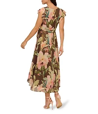 Adrianna Papell Chiffon V-Neck Floral Print Short Sleeve High-Low Wrap Midi Dress