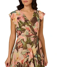 Adrianna Papell Chiffon V-Neck Floral Print Short Sleeve High-Low Wrap Midi Dress
