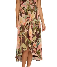 Adrianna Papell Chiffon V-Neck Floral Print Short Sleeve High-Low Wrap Midi Dress
