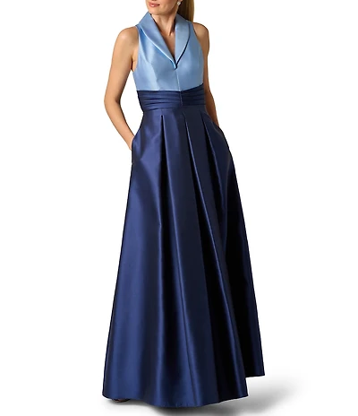 Adrianna Papell Color Block Mikado Collared V-Neck Sleeveless Tuxedo Gown